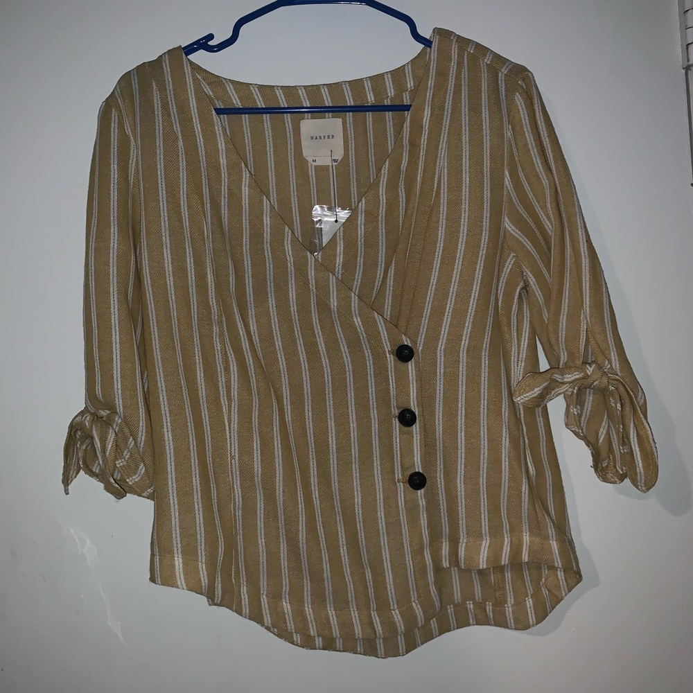 NWT yellow striped blouse with button sleeves
